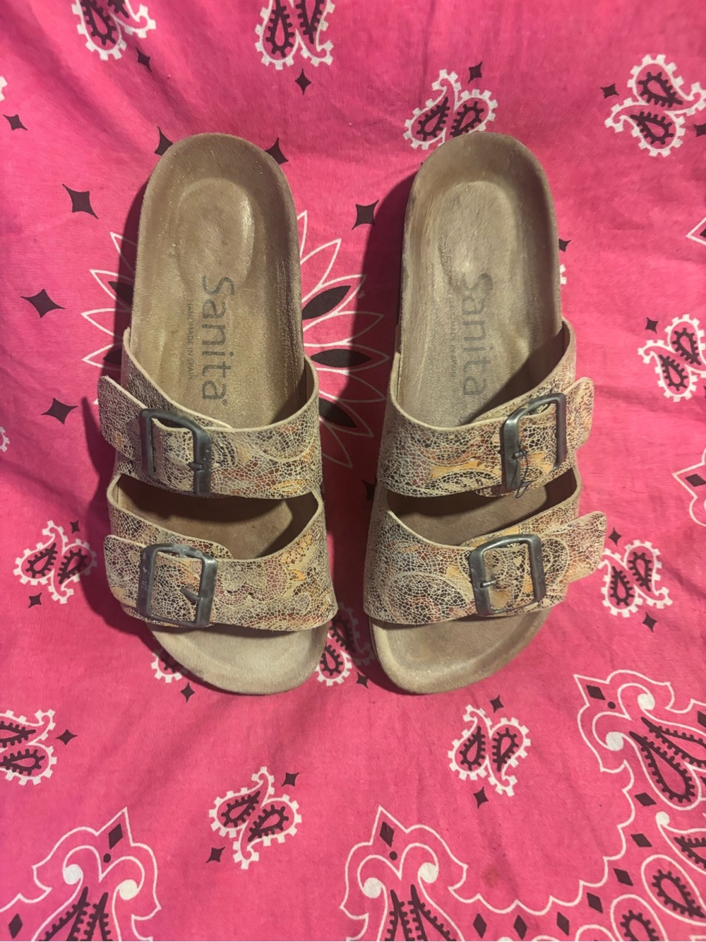 Sanita Crackle Pattern Double Buckle Slide Sandals